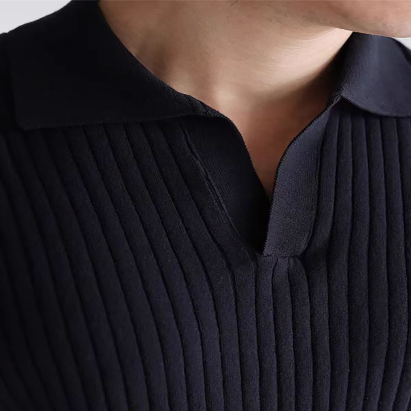 Men's Ribbed Vertical Stripe Open V-Neckline Spread Collar Short-Sleeve Polo Shirt