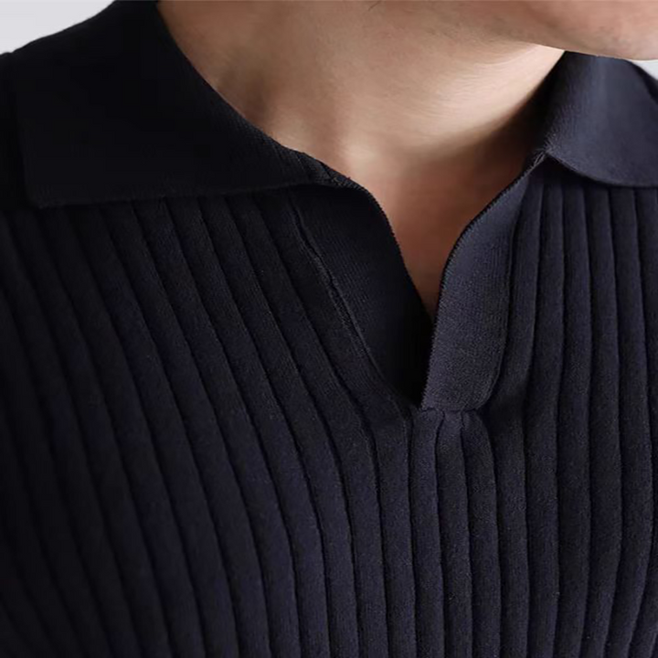 Men's Ribbed Vertical Stripe Open V-Neckline Spread Collar Short-Sleeve Polo Shirt