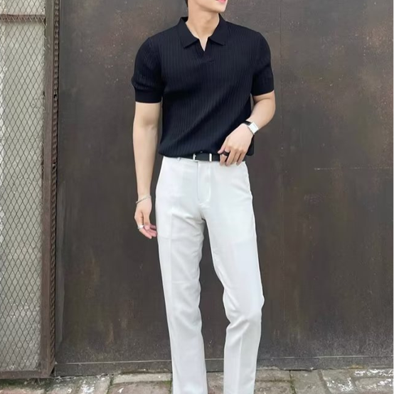 Men's Ribbed Vertical Stripe Open V-Neckline Spread Collar Short-Sleeve Polo Shirt