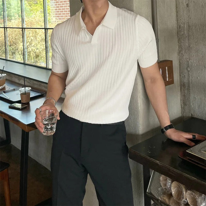 Men's Ribbed Vertical Stripe Open V-Neckline Spread Collar Short-Sleeve Polo Shirt