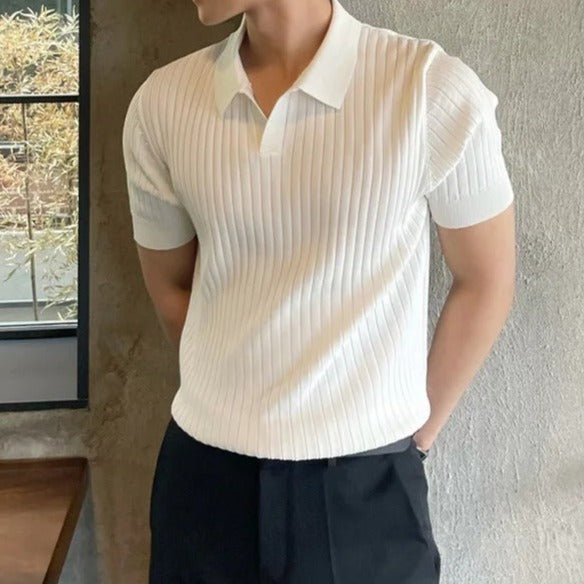 Men's Ribbed Vertical Stripe Open V-Neckline Spread Collar Short-Sleeve Polo Shirt