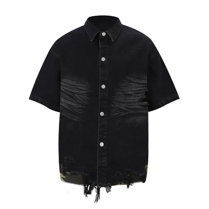Men's Short Sleeve Button-Front Denim-Look Shirt with Frayed Raw-Edge Hem