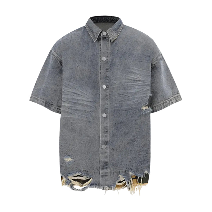 Men's Short Sleeve Button-Front Denim-Look Shirt with Frayed Raw-Edge Hem