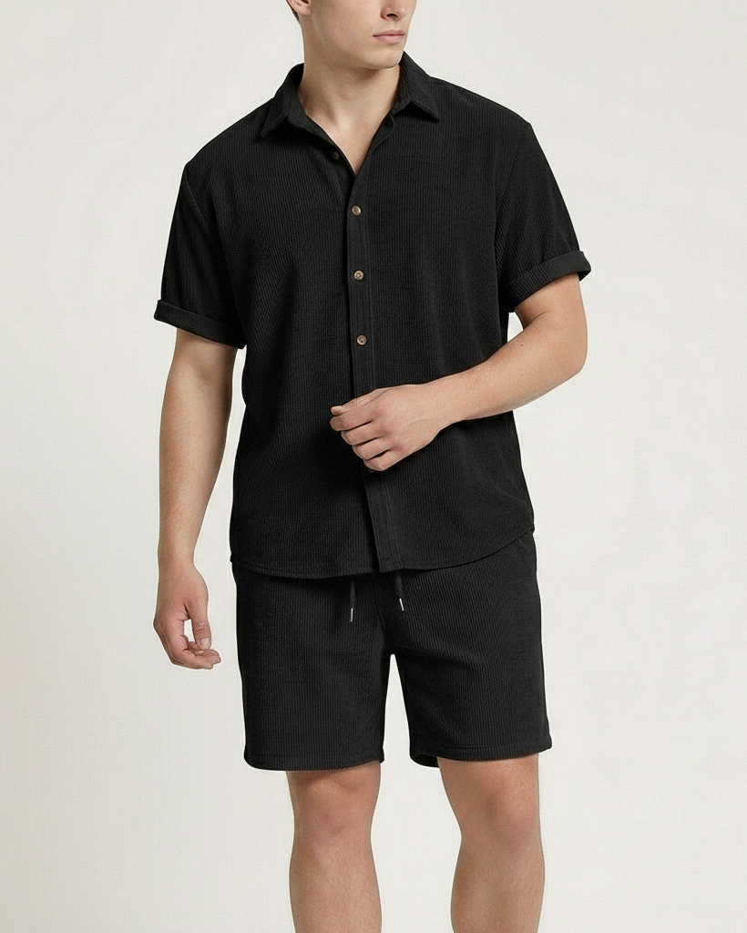 Men's Short Sleeve Button-Front Shirt and Drawstring Shorts Set with Ribbed Surface and Rolled Cuffs