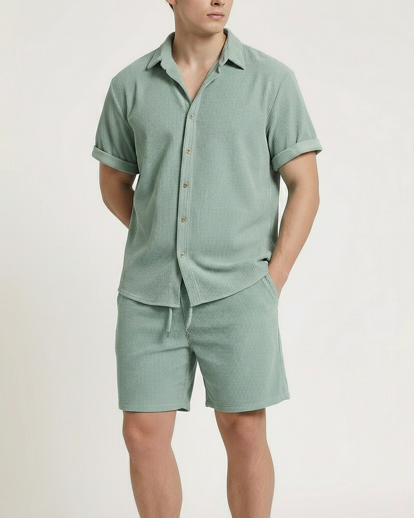 Men's Short Sleeve Button-Front Shirt and Drawstring Shorts Set with Ribbed Surface and Rolled Cuffs