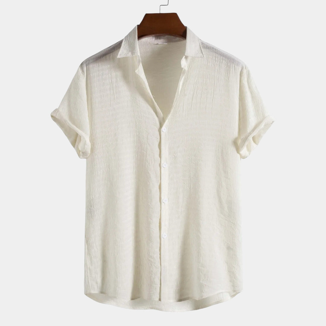 Men's Short Sleeve Button-Front Shirt with Spread Collar and Rolled Cuffs