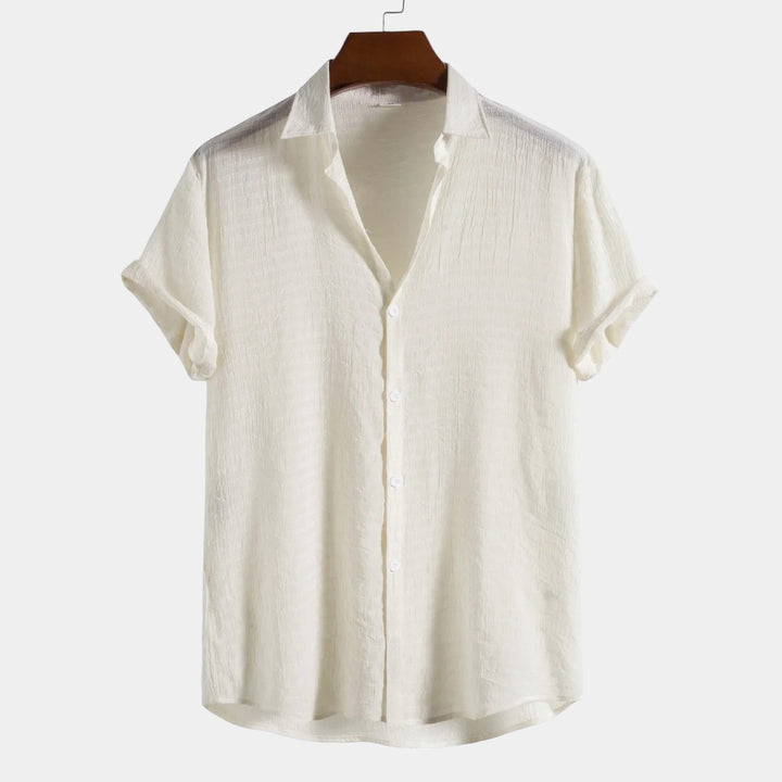 Men's Short Sleeve Button-Front Shirt with Spread Collar and Rolled Cuffs