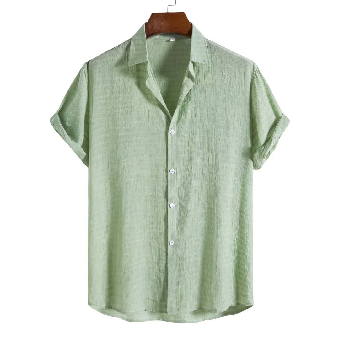 Men's Short Sleeve Button-Front Shirt with Spread Collar and Rolled Cuffs