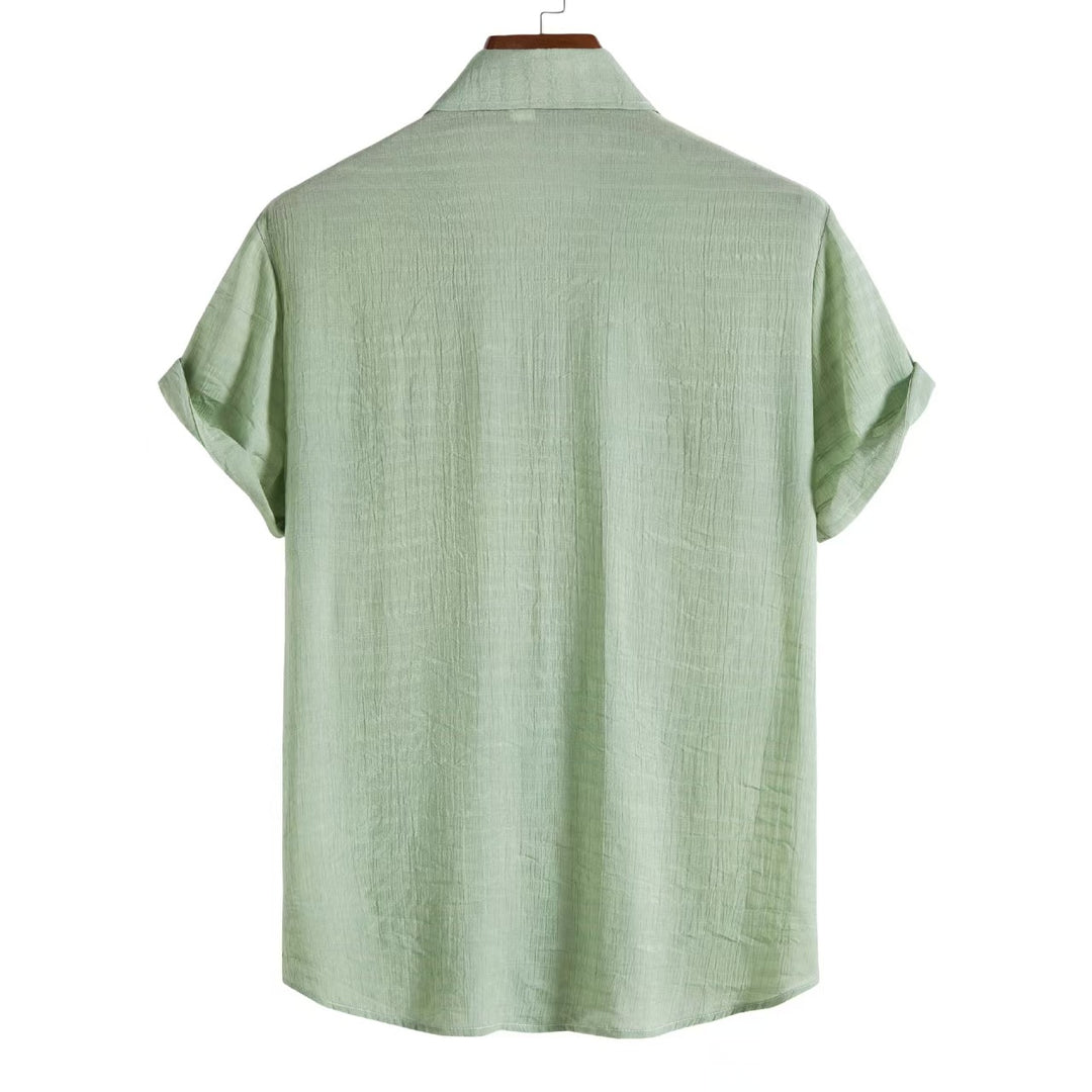 Men's Short Sleeve Button-Front Shirt with Spread Collar and Rolled Cuffs