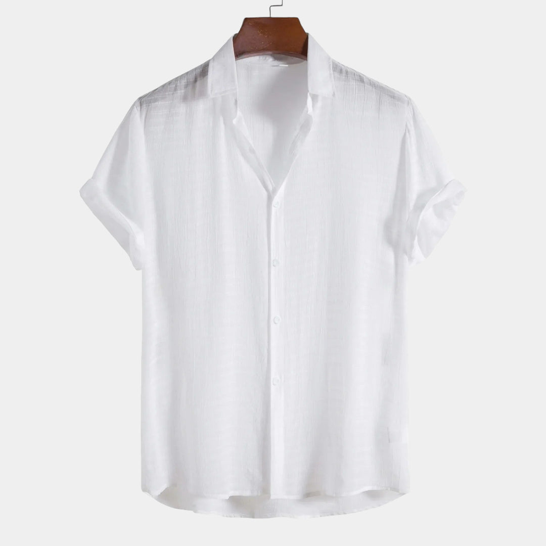 Men's Short Sleeve Button-Front Shirt with Spread Collar and Rolled Cuffs