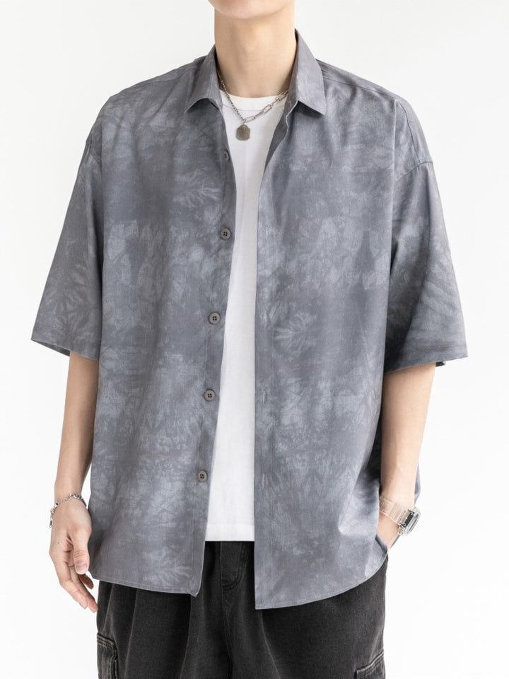 Men's Short Sleeve Button-Front Shirt with Tie-Dye Pattern and Point Collar