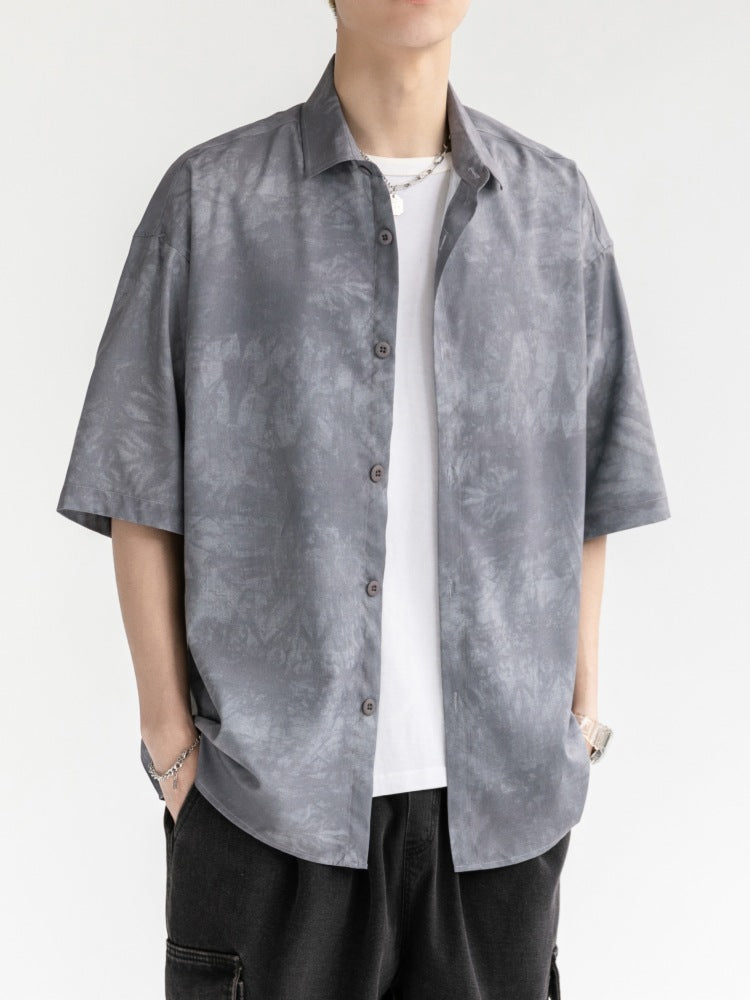 Men's Short Sleeve Button-Front Shirt with Tie-Dye Pattern and Point Collar