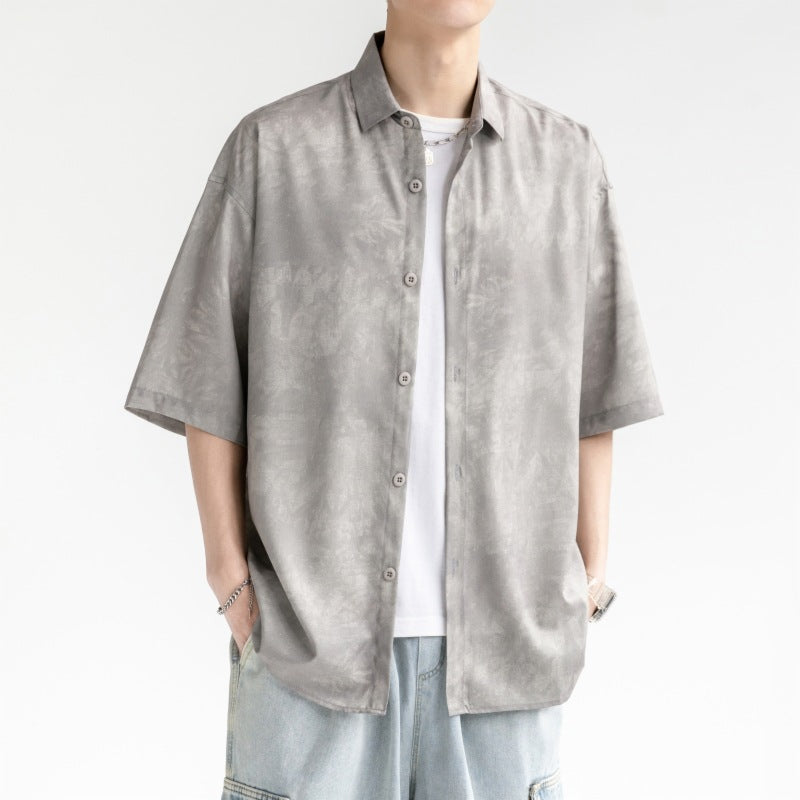 Men's Short Sleeve Button-Front Shirt with Tie-Dye Pattern and Point Collar