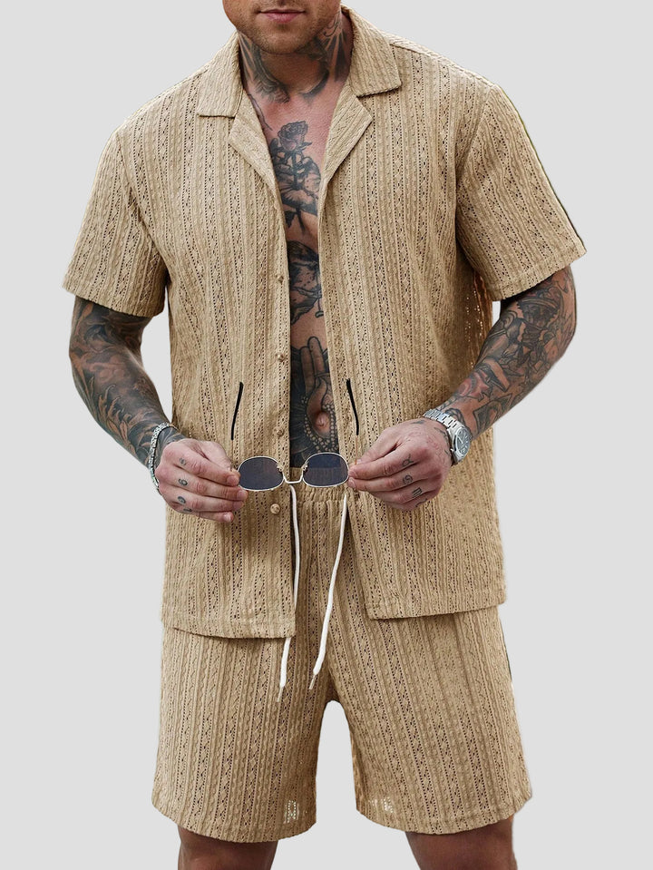 Men's Short Sleeve Button-Front Short Set with Camp Collar and Eyelet Surface