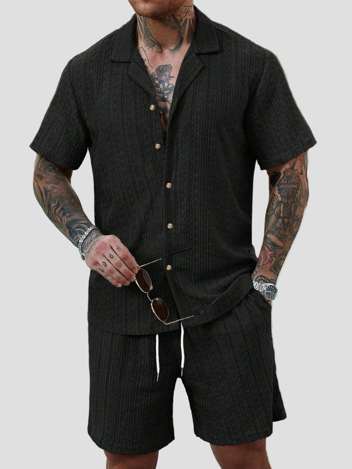 Men's Short Sleeve Button-Front Short Set with Camp Collar and Eyelet Surface