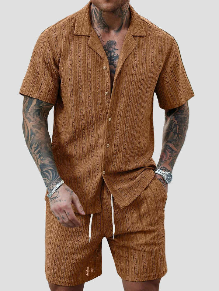 Men's Short Sleeve Button-Front Short Set with Camp Collar and Eyelet Surface