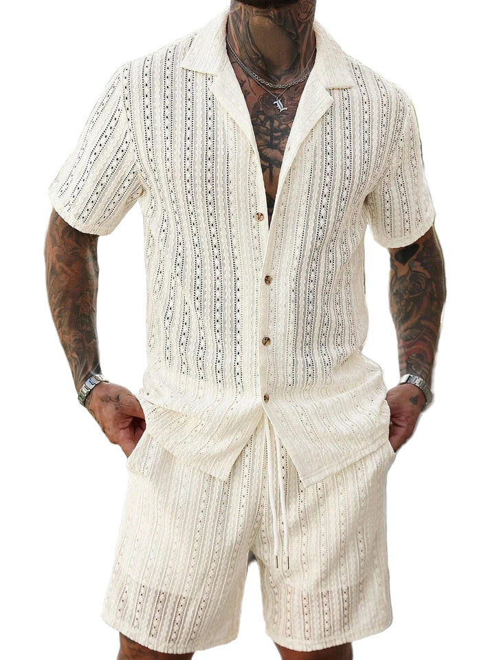 Men's Short Sleeve Button-Front Short Set with Camp Collar and Eyelet Surface