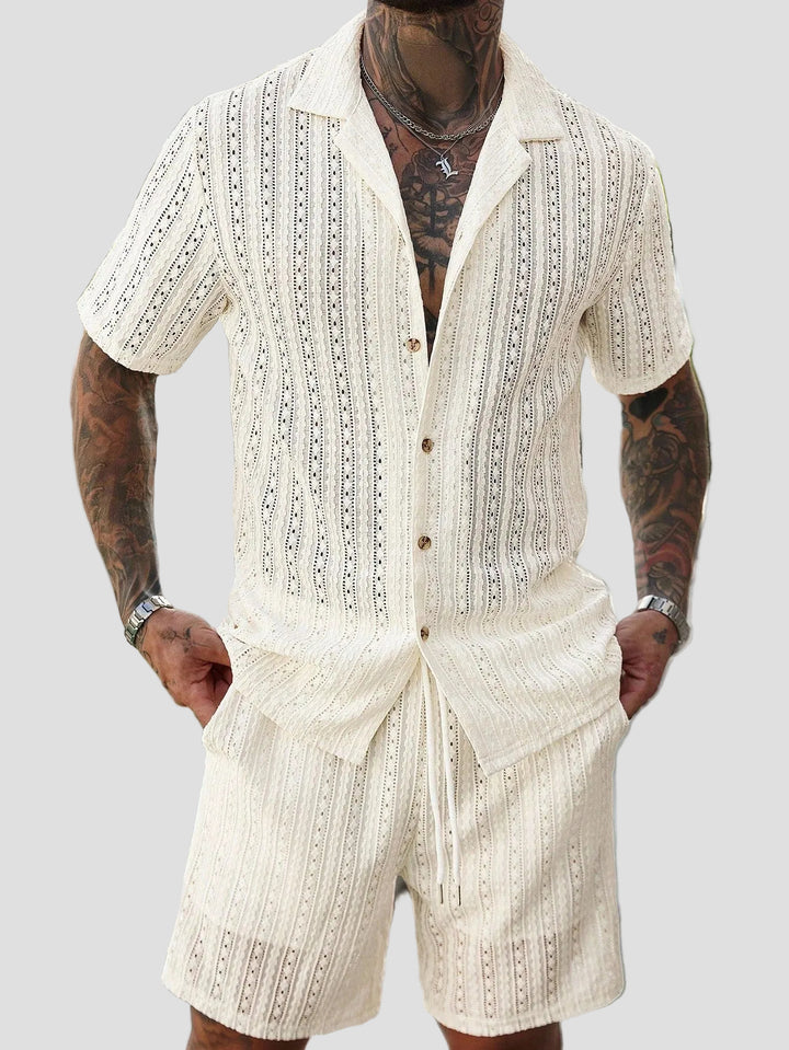Men's Short Sleeve Button-Front Short Set with Camp Collar and Eyelet Surface