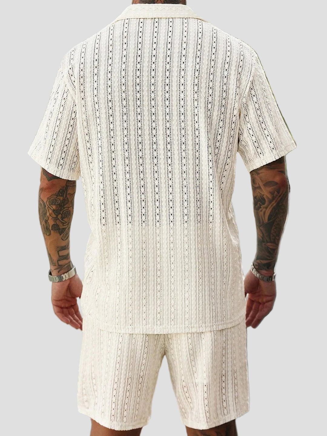Men's Short Sleeve Button-Front Short Set with Camp Collar and Eyelet Surface