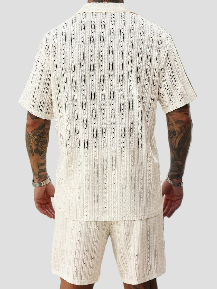 Men's Short Sleeve Button-Front Short Set with Camp Collar and Eyelet Surface