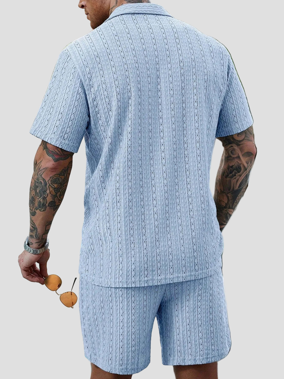 Men's Short Sleeve Button-Front Short Set with Camp Collar and Eyelet Surface