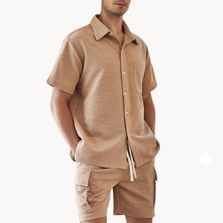 Men's Short Sleeve Button-Front Short Set with Chest Pocket and Cargo Shorts