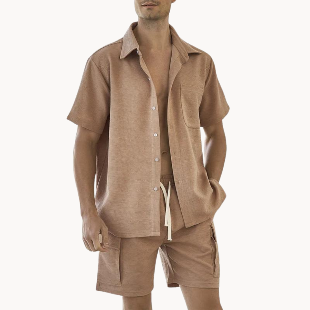 Men's Short Sleeve Button-Front Short Set with Chest Pocket and Cargo Shorts