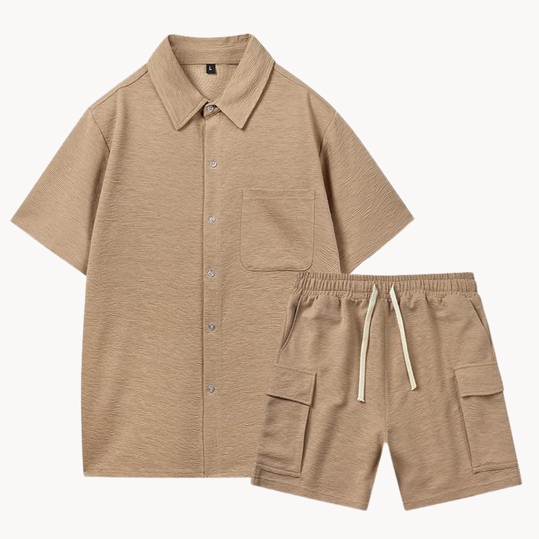 Men's Short Sleeve Button-Front Short Set with Chest Pocket and Cargo Shorts