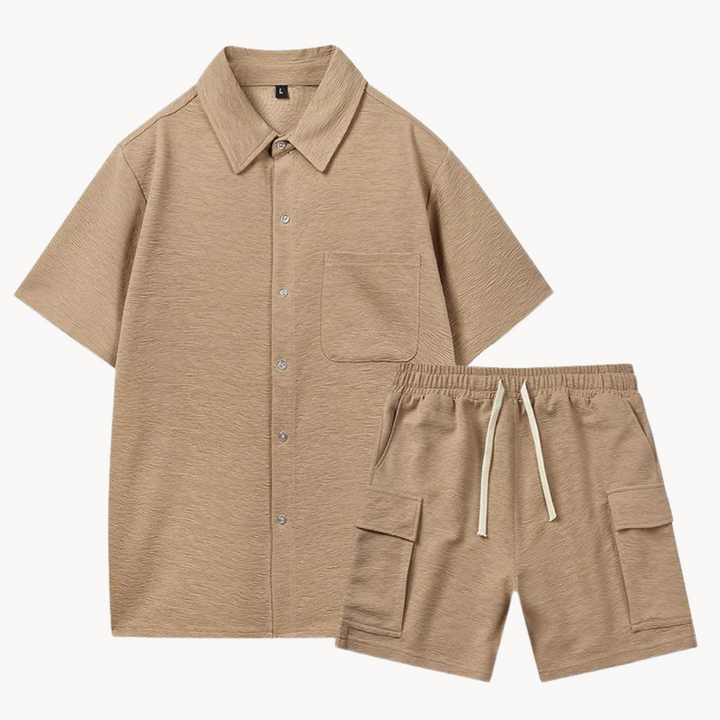Men's Short Sleeve Button-Front Short Set with Chest Pocket and Cargo Shorts