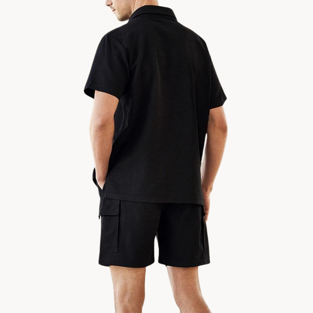 Men's Short Sleeve Button-Front Short Set with Chest Pocket and Cargo Shorts