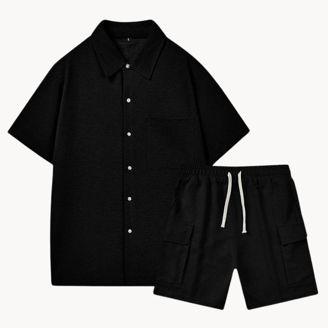 Men's Short Sleeve Button-Front Short Set with Chest Pocket and Cargo Shorts