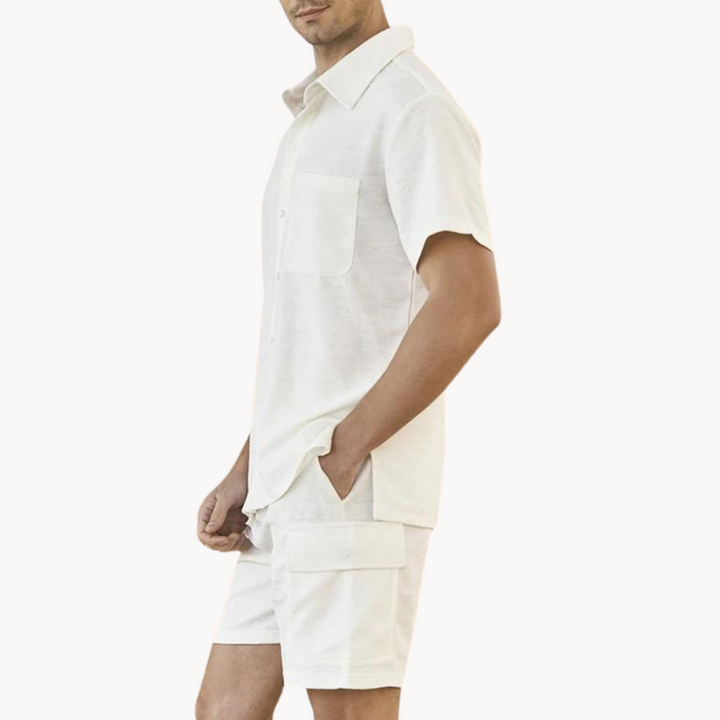 Men's Short Sleeve Button-Front Short Set with Chest Pocket and Cargo Shorts