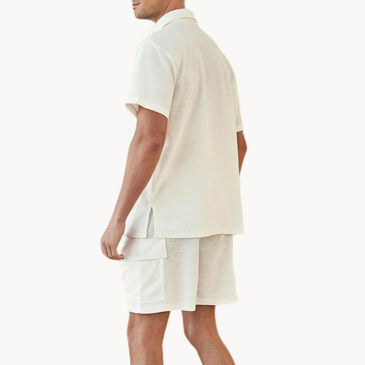 Men's Short Sleeve Button-Front Short Set with Chest Pocket and Cargo Shorts