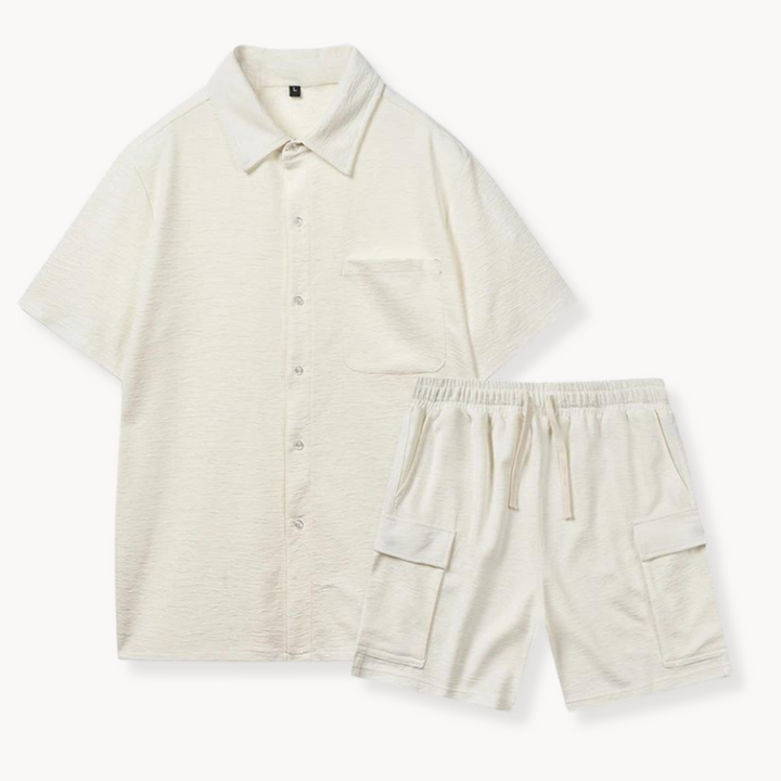 Men's Short Sleeve Button-Front Short Set with Chest Pocket and Cargo Shorts