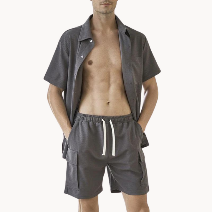 Men's Short Sleeve Button-Front Short Set with Chest Pocket and Cargo Shorts