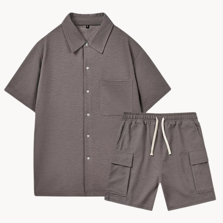 Men's Short Sleeve Button-Front Short Set with Chest Pocket and Cargo Shorts