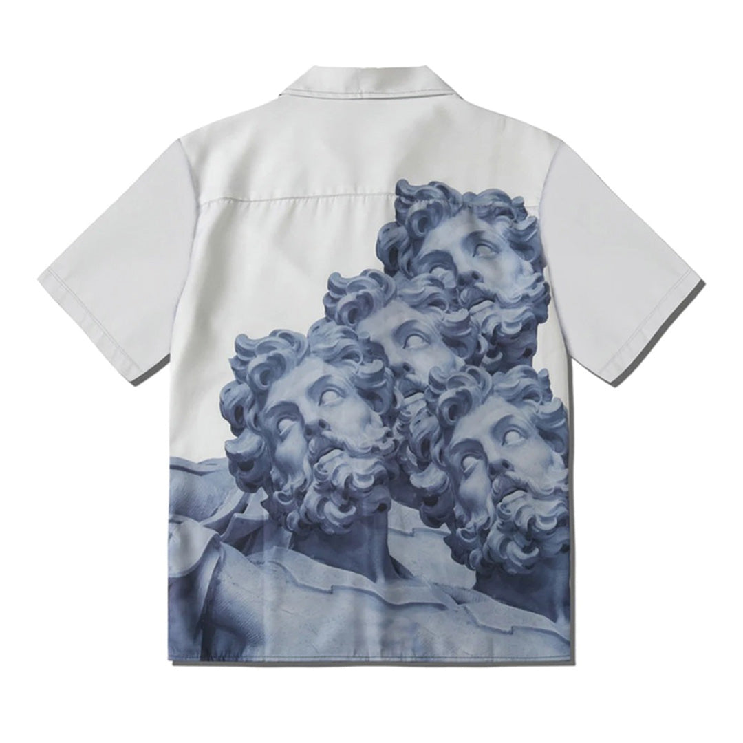 Men's Short Sleeve Camp Collar Button-Front Shirt with Statue Graphic Print