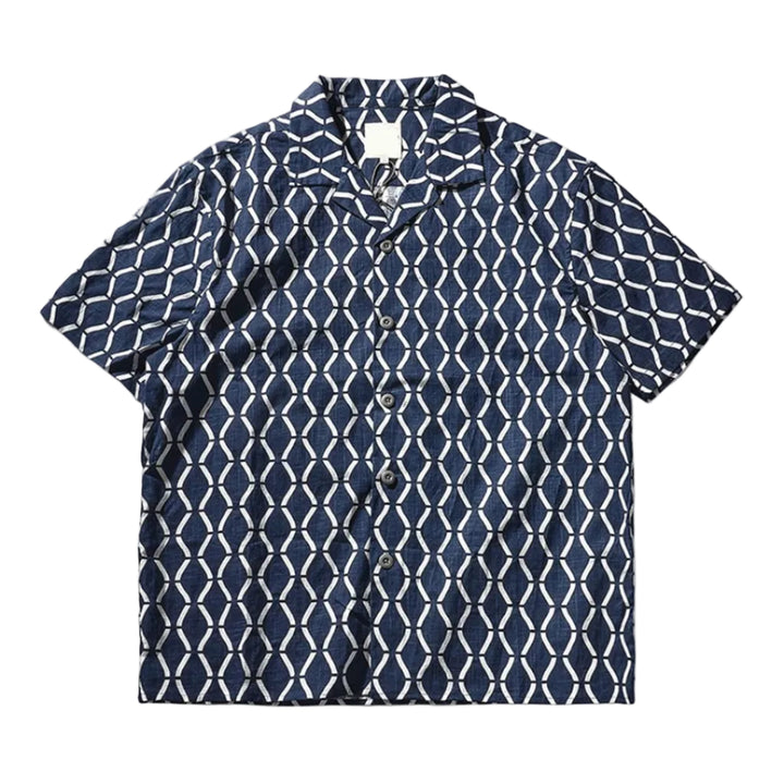 Men's Short Sleeve Camp Collar Shirt with All-Over Geometric Grid Print