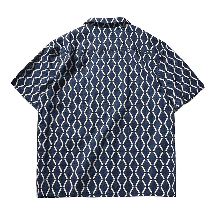Men's Short Sleeve Camp Collar Shirt with All-Over Geometric Grid Print