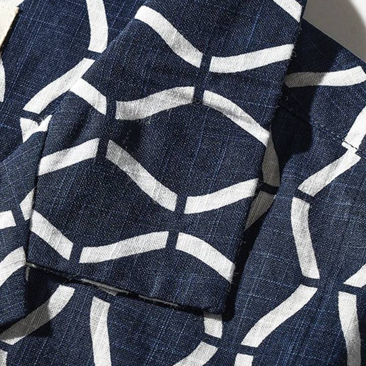 Men's Short Sleeve Camp Collar Shirt with All-Over Geometric Grid Print