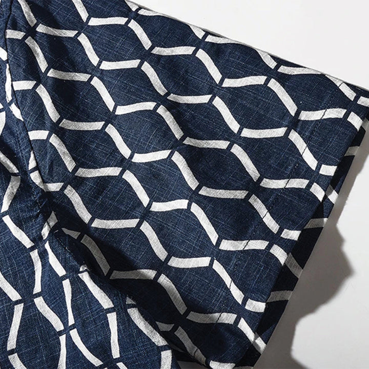 Men's Short Sleeve Camp Collar Shirt with All-Over Geometric Grid Print