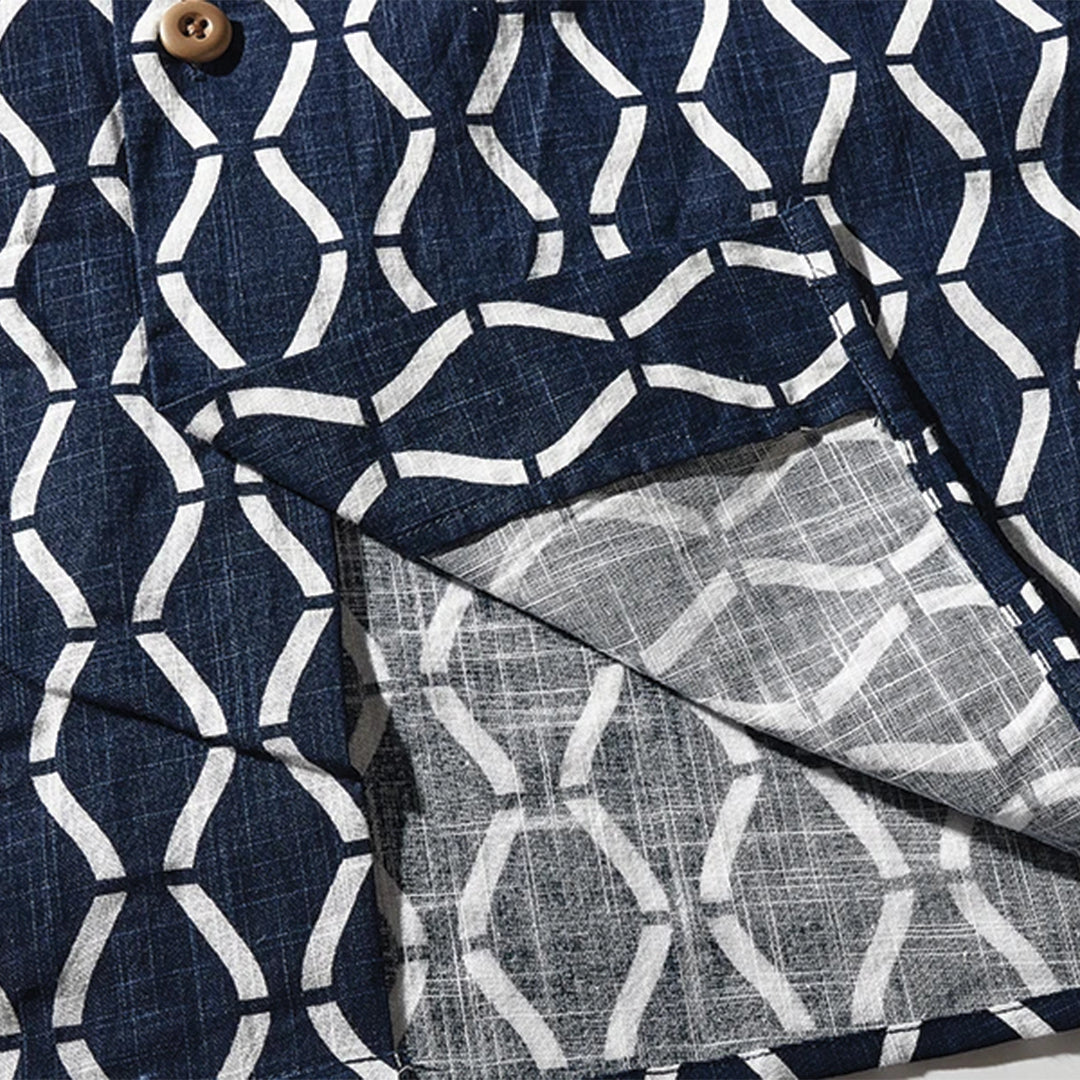 Men's Short Sleeve Camp Collar Shirt with All-Over Geometric Grid Print