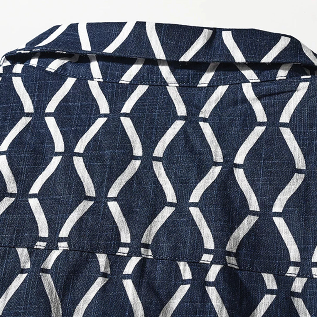 Men's Short Sleeve Camp Collar Shirt with All-Over Geometric Grid Print