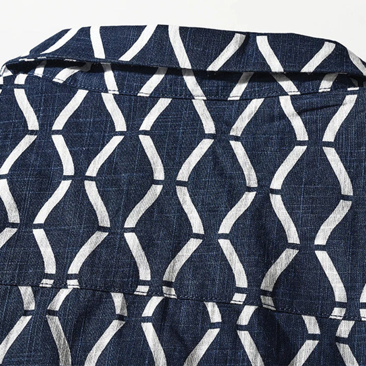 Men's Short Sleeve Camp Collar Shirt with All-Over Geometric Grid Print