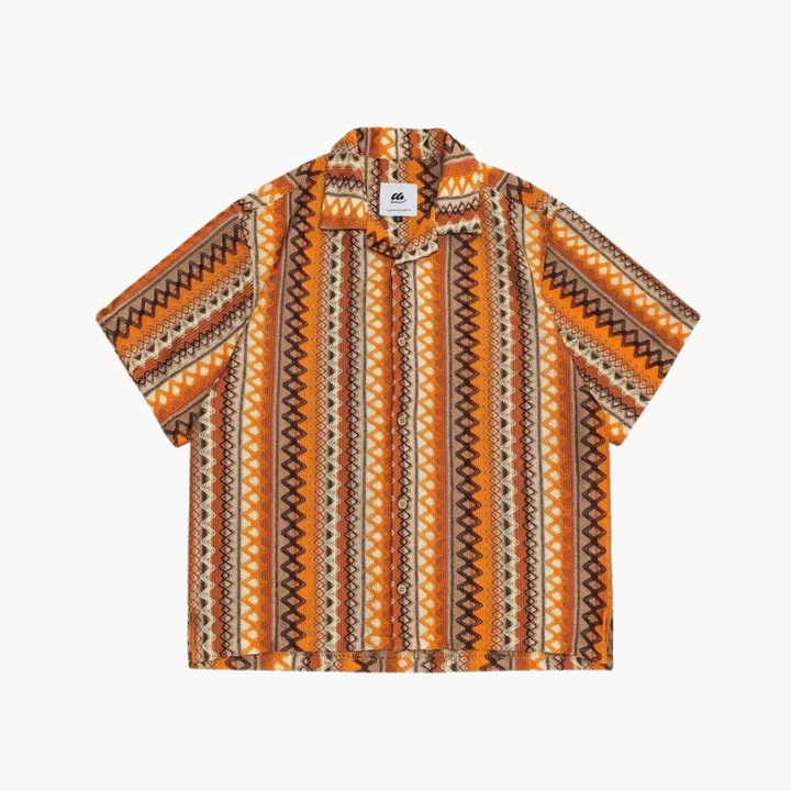 Men's Short-Sleeve Camp Collar Shirt with Geometric Stripe Print and Button Front