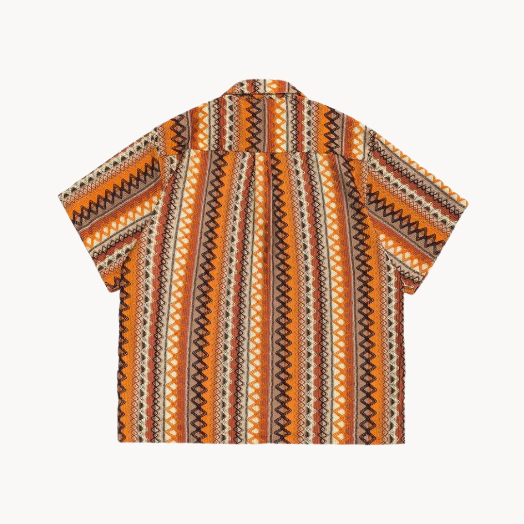 Men's Short-Sleeve Camp Collar Shirt with Geometric Stripe Print and Button Front