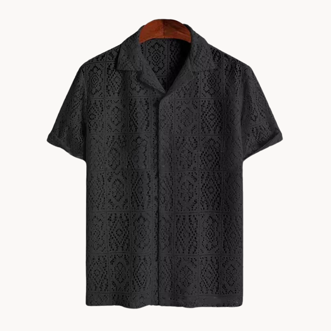 Men's Short-Sleeve Camp Collar Shirt with Open Eyelet Knit Surface and Button Front