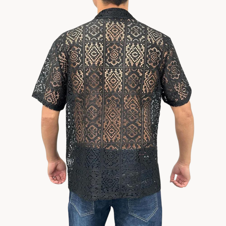 Men's Short-Sleeve Camp Collar Shirt with Open Eyelet Knit Surface and Button Front