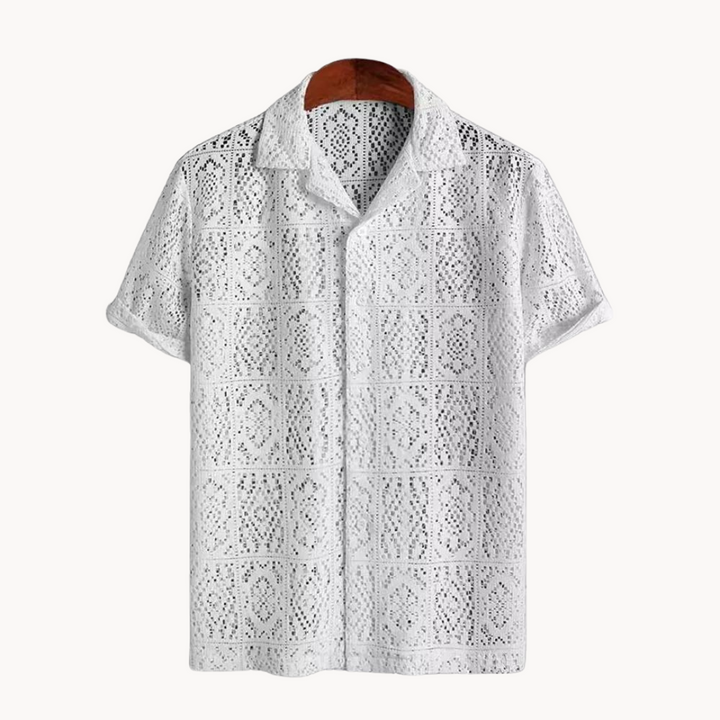 Men's Short-Sleeve Camp Collar Shirt with Open Eyelet Knit Surface and Button Front