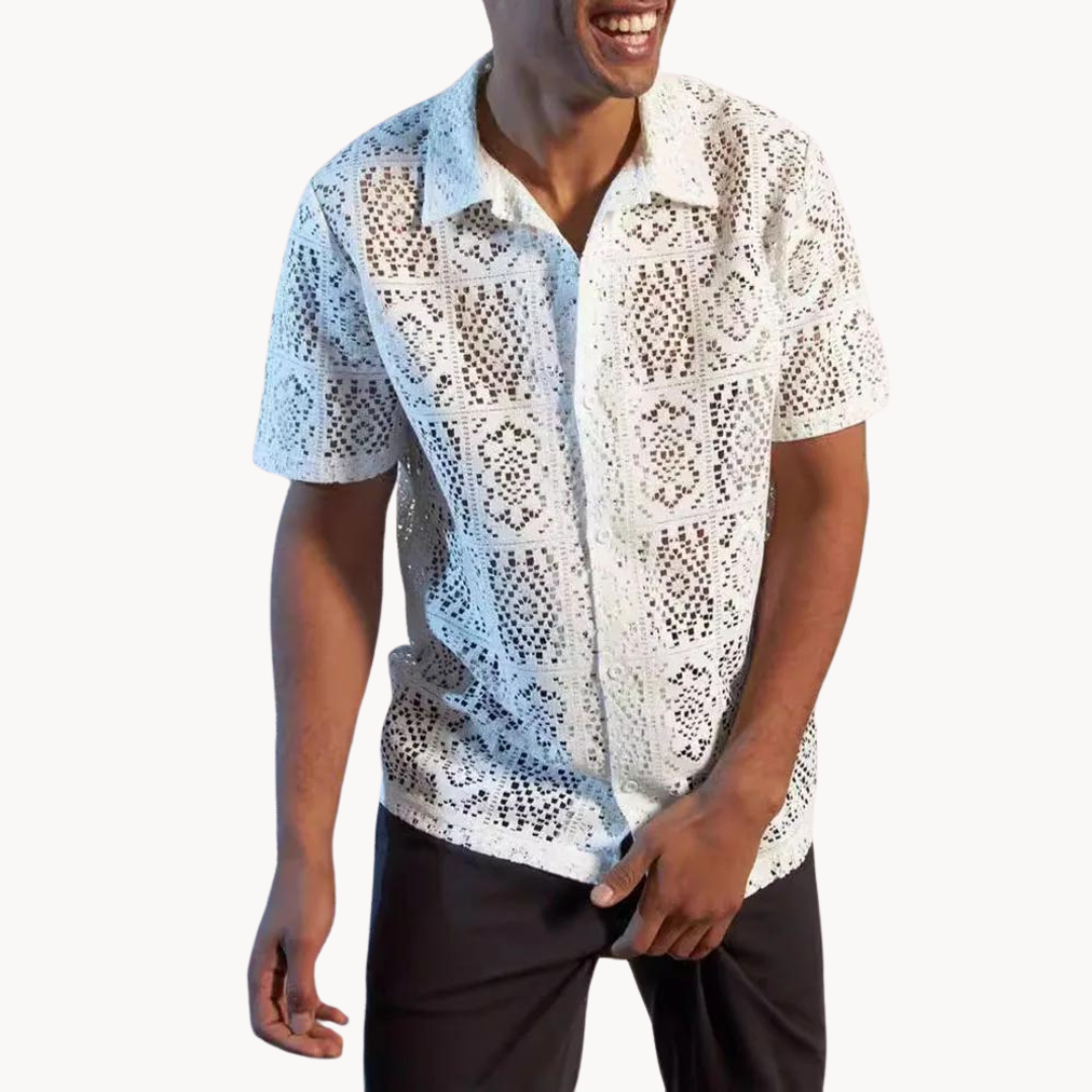 Men's Short-Sleeve Camp Collar Shirt with Open Eyelet Knit Surface and Button Front